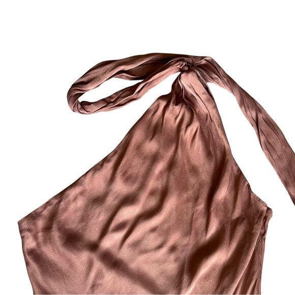 BHLDN Anthropologie Nicoletta One Shoulder Scarf Satin Midi Dress Cedar Brown XL - Picture 5 of 15